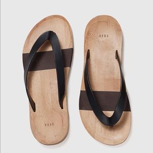 Feit wooden flip flops with leather strap! Size 9